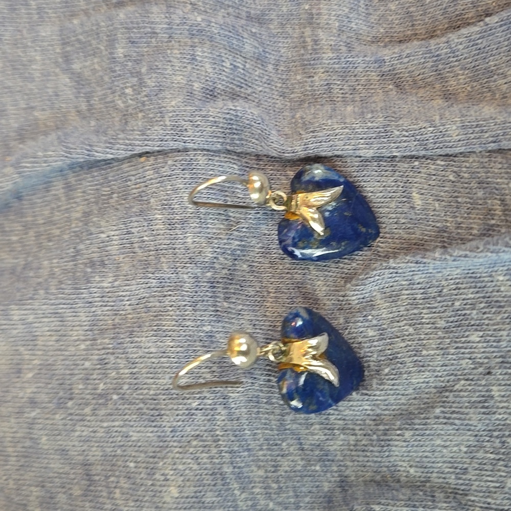 Vintage, Natural Heart Shaped Blue Stone, silver tone, dangle pierced Earrings